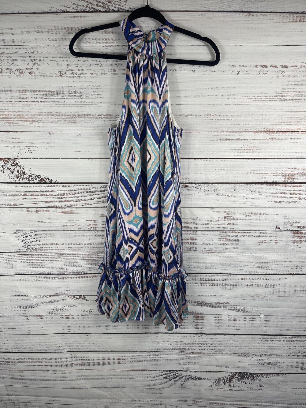 Trina Turk Dress Womens Size Medium Blue Multicolor Halter Ruffle Hem Ikat Print